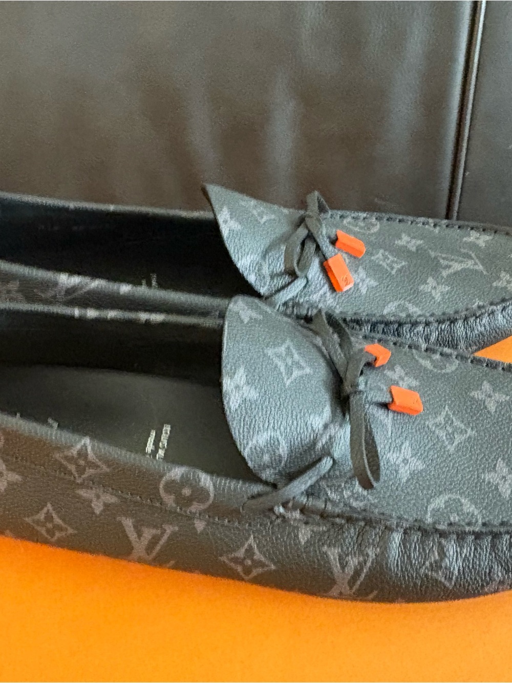 Louis Vuitton Black Monogram Driving Moccasins with Orange Accents